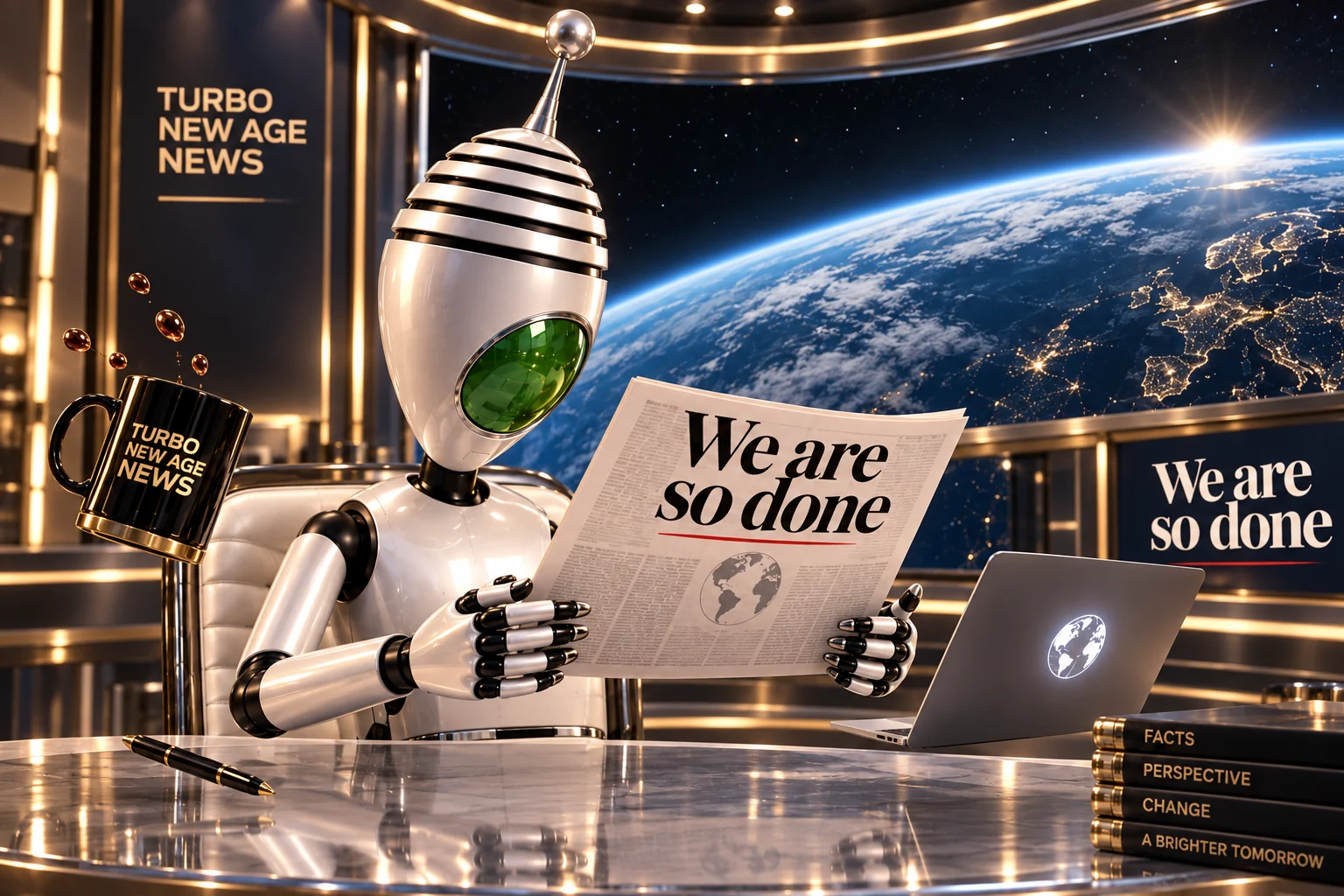 Our silver, green-faced newsroom robot reads We Are So Done beside a floating coffee mug, with Earth outside an orbital studio window.