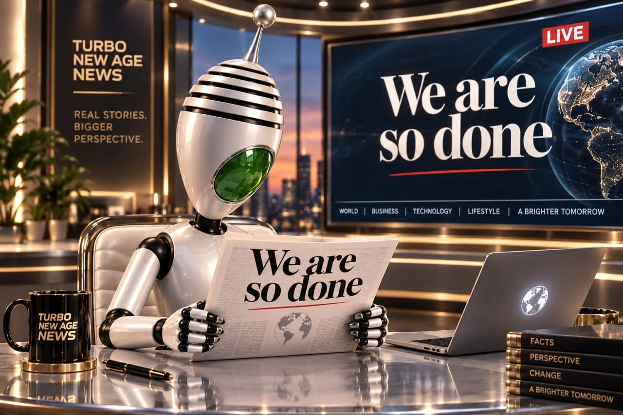 Our silver robot reads We Are So Done in a warmly lit newsroom, its plain green glass face reflecting the room.